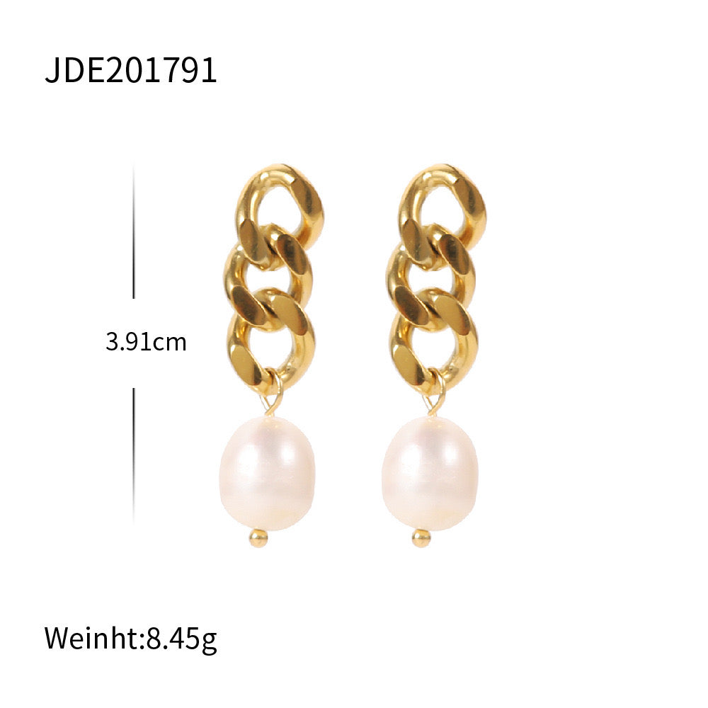 18K Gold Cuban Link Pearl Stud Dangle Earrings