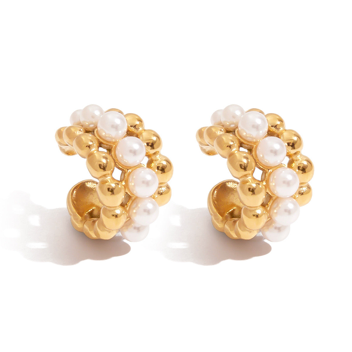 18K Gold Royal Pearl Huggie Earrings Ear Cuffs Set