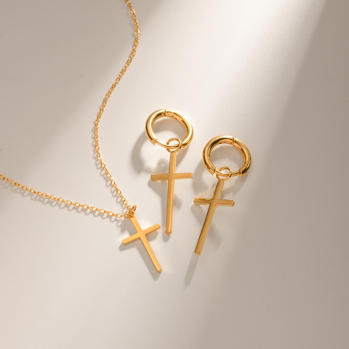 18K Gold Minimalist Cross Huggie Earrings With Charm