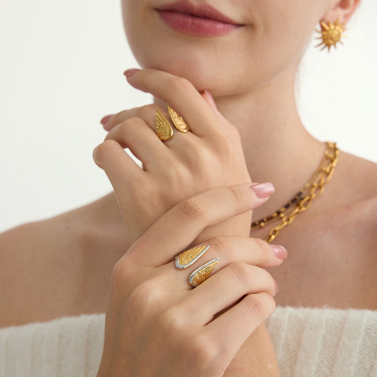 18K Gold and Silver Two Tone Angel Wings Cuff Ring