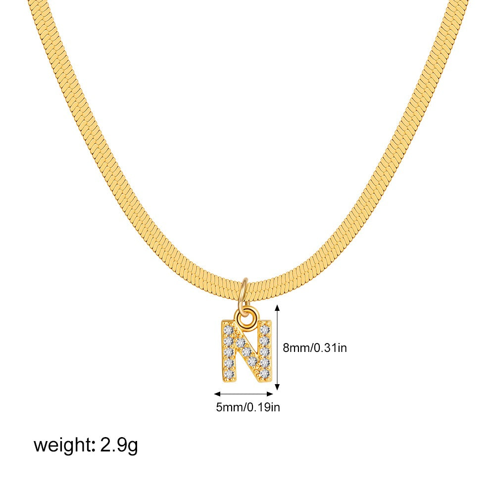 18K Gold Minimalist Glam Herringbone Chain Initial Dainty Necklace