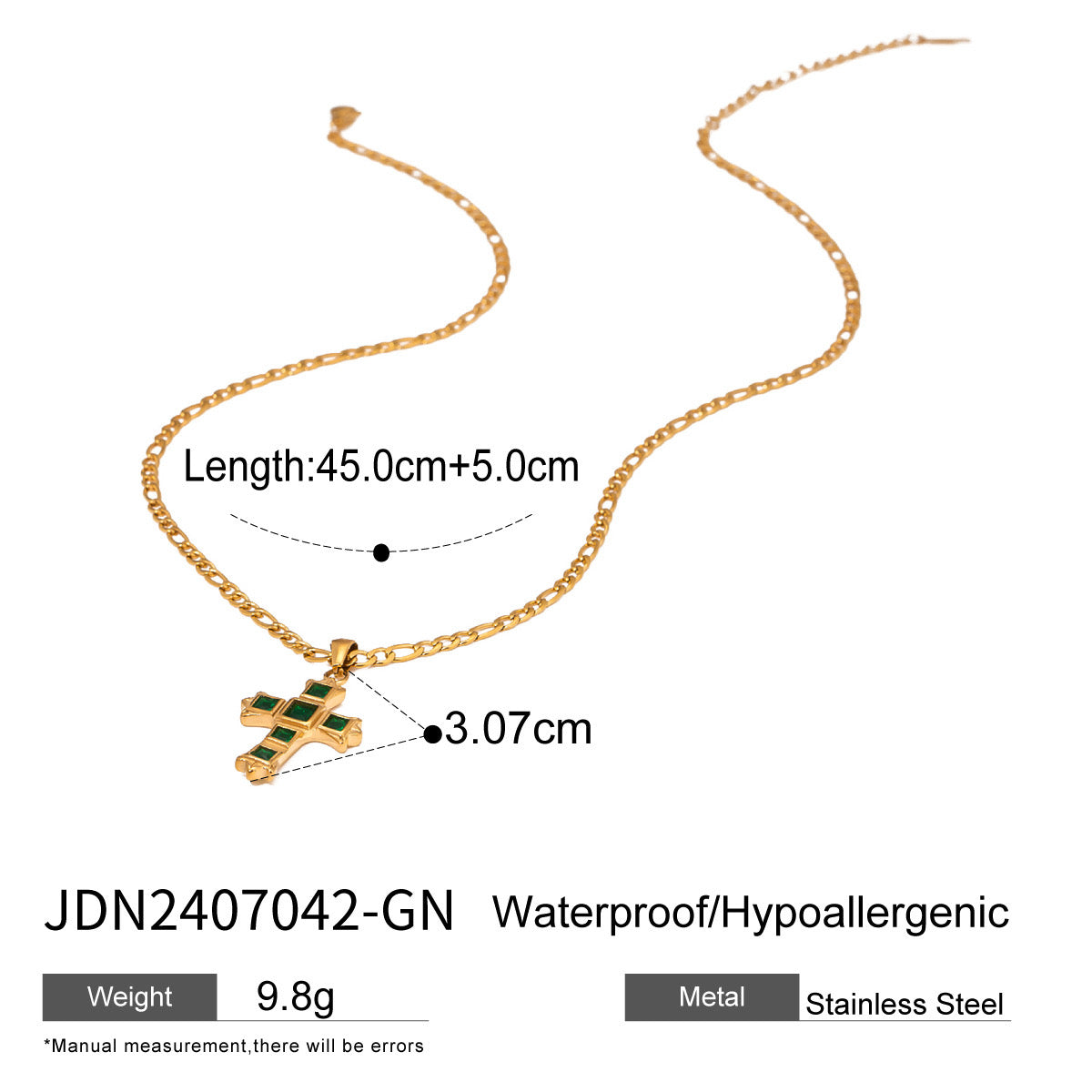 18K Gold Gemstone Cross Pendant Figaro Chain Statement Necklace