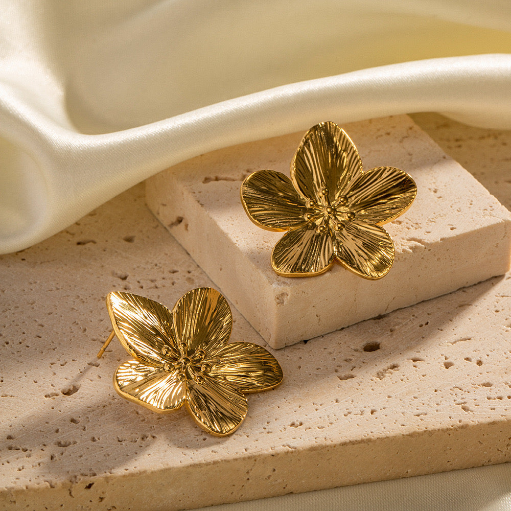 18K Gold Cherry Blossom Statement Stud Earrings