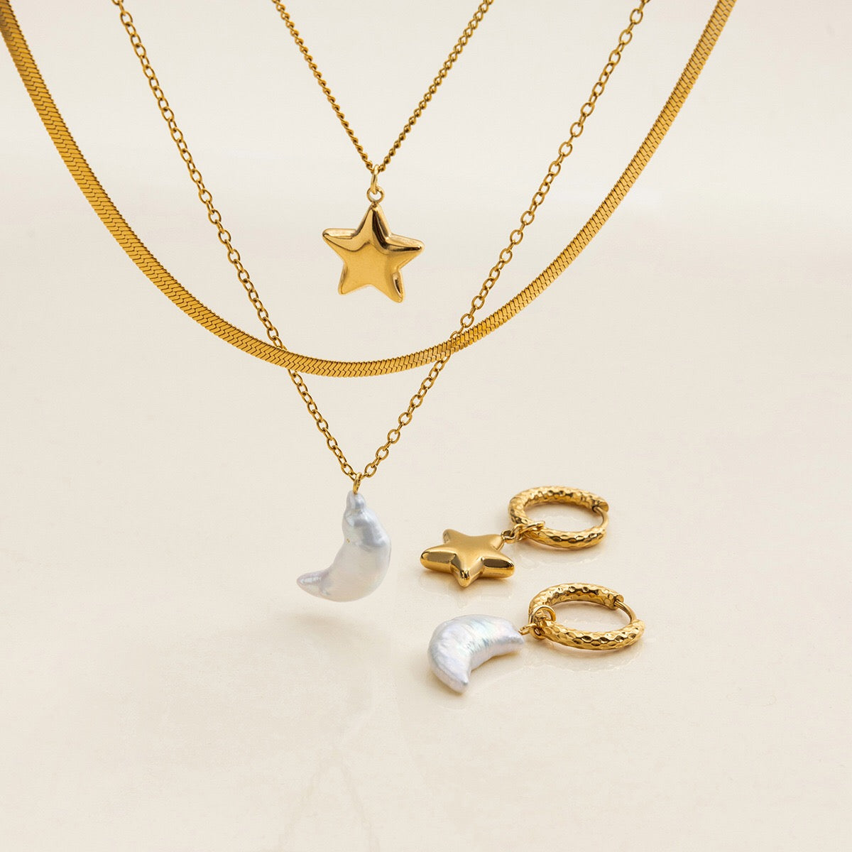 18K Gold Celestial Dream Star Pendant Pearl Moon Herringbone Chain Layered Necklace Set