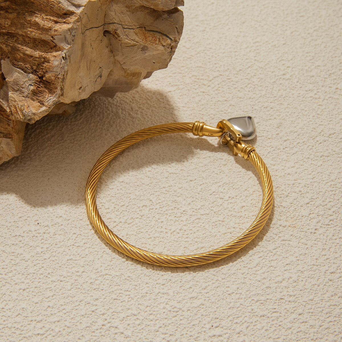 18K Gold and Silver Two Tone Heart Charm Bangle Bracelets