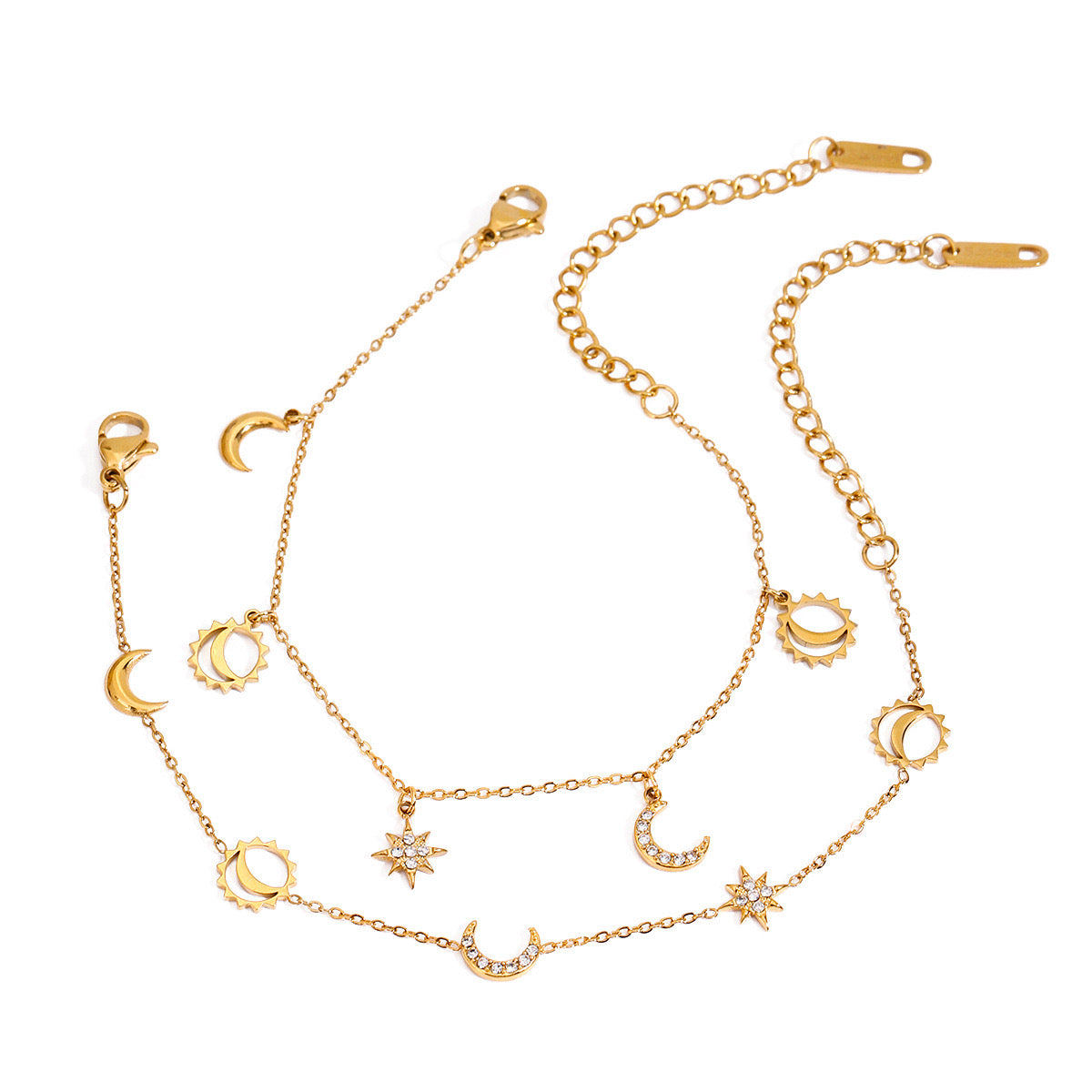 18K Gold Moon and Star Celestial Charm Chain Bracelet