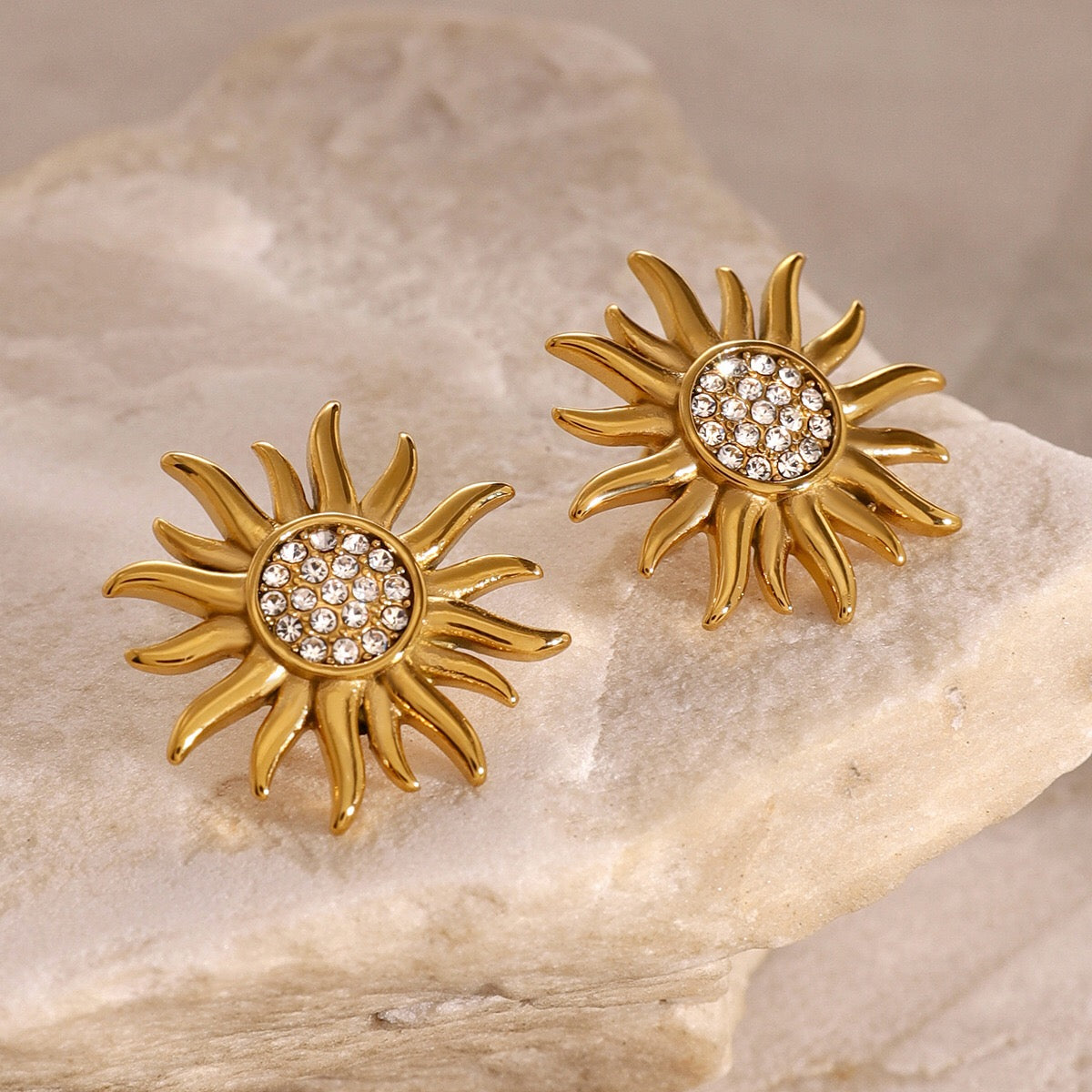 18K Gold Bling Sunflower CZ Statement Stud Earrings