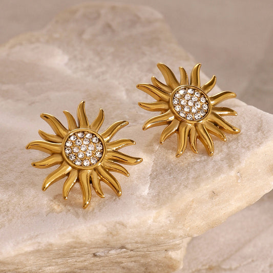 18K Gold Bling Sunflower CZ Statement Stud Earrings