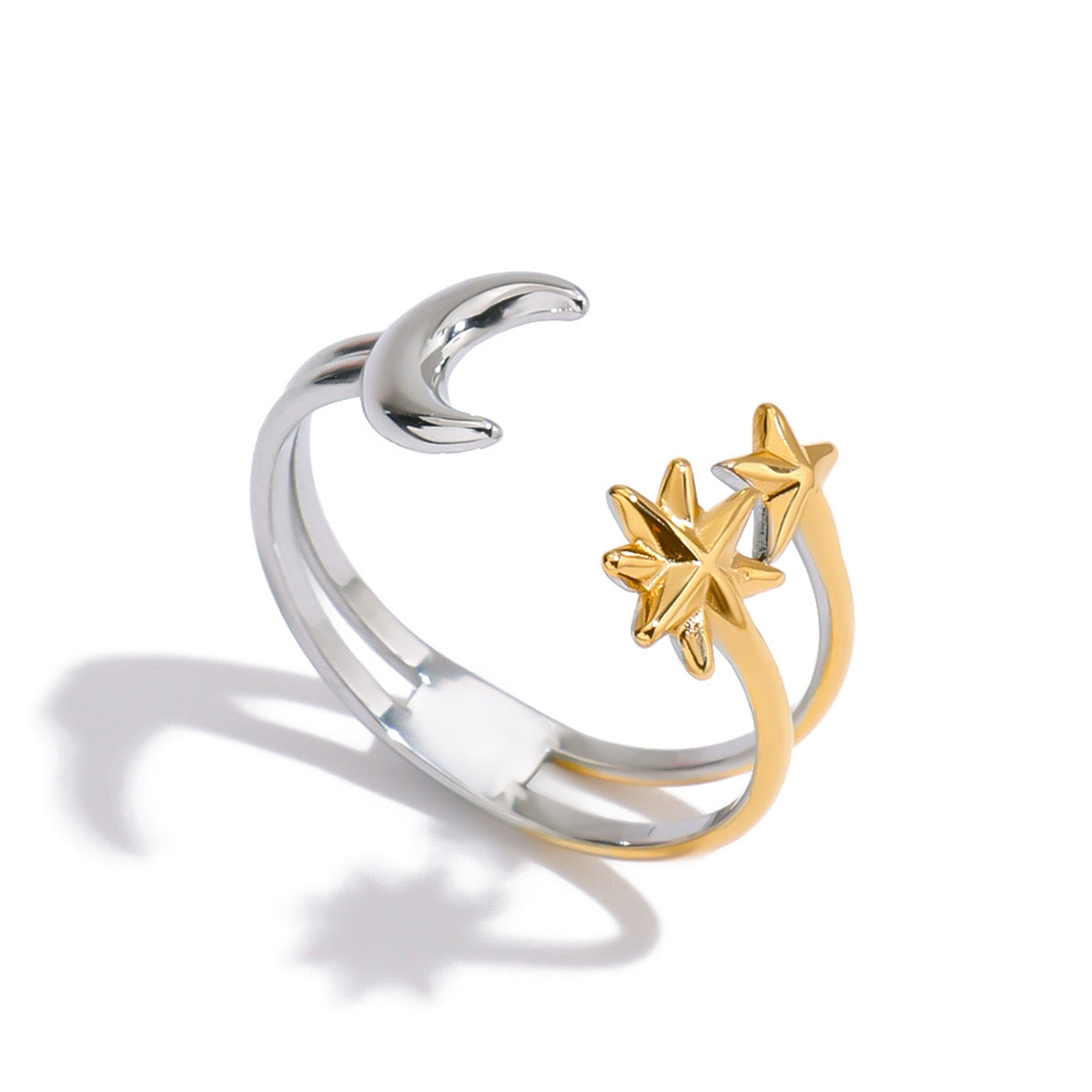 18K Gold Star and Moon Two Tone Silver Ring