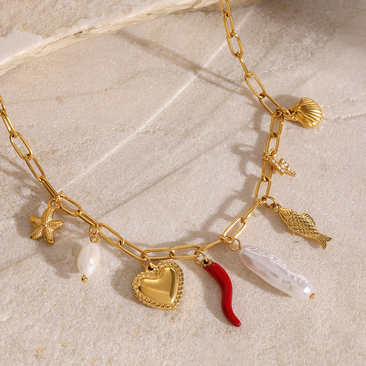18K Gold Summer Beach Pearl Italian Horn Charm Necklace