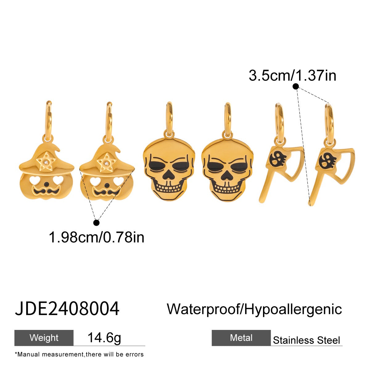 18K Gold Halloween Pumpkin Skull Small Hoop Huggie Earrings with Charm