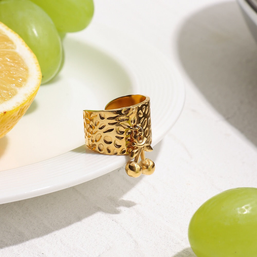 18K Gold Cherry Charm Band Ring