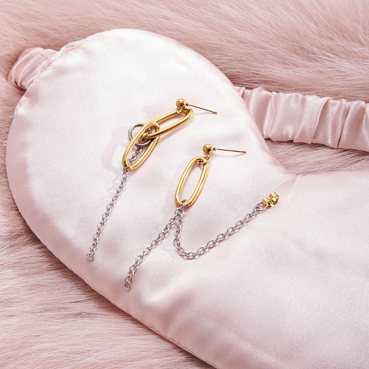 18K Gold and Silver Two Tone Paperclip Chain Mismatched Dangle Drop Stud Earrings