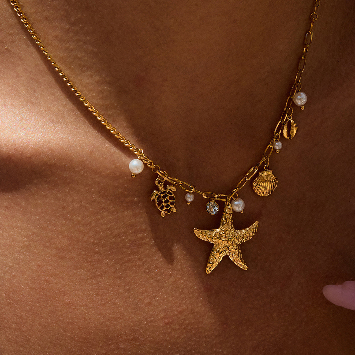 18K Gold Starfish Beach Pearl Beads Charm Necklace