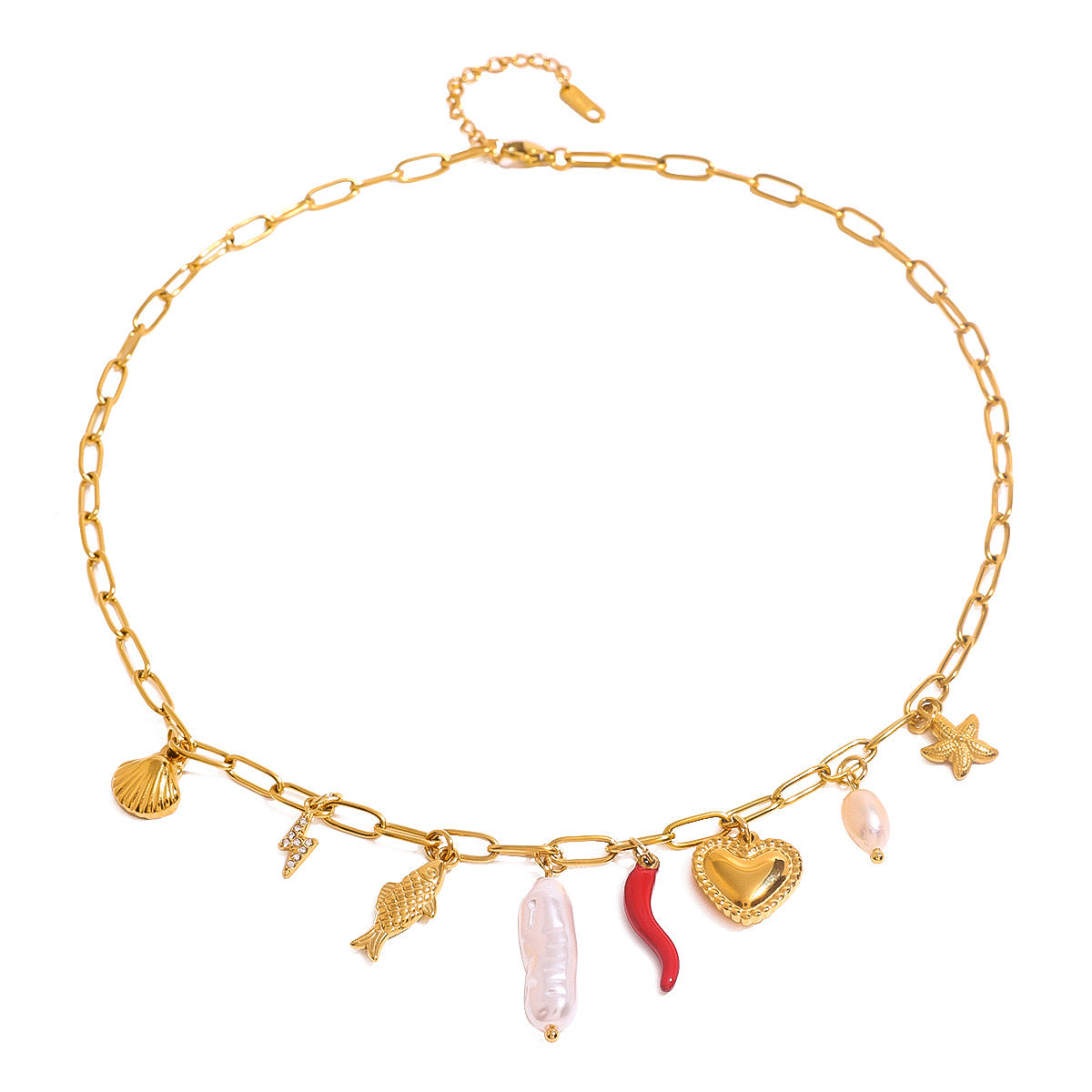 18K Gold Summer Beach Pearl Italian Horn Charm Necklace