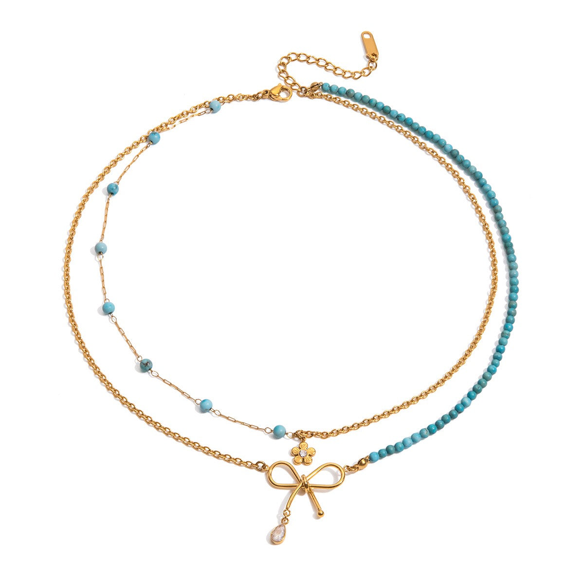 18K Gold Turquoise Beads Bow Pendant Double Chain Layered Necklace Set