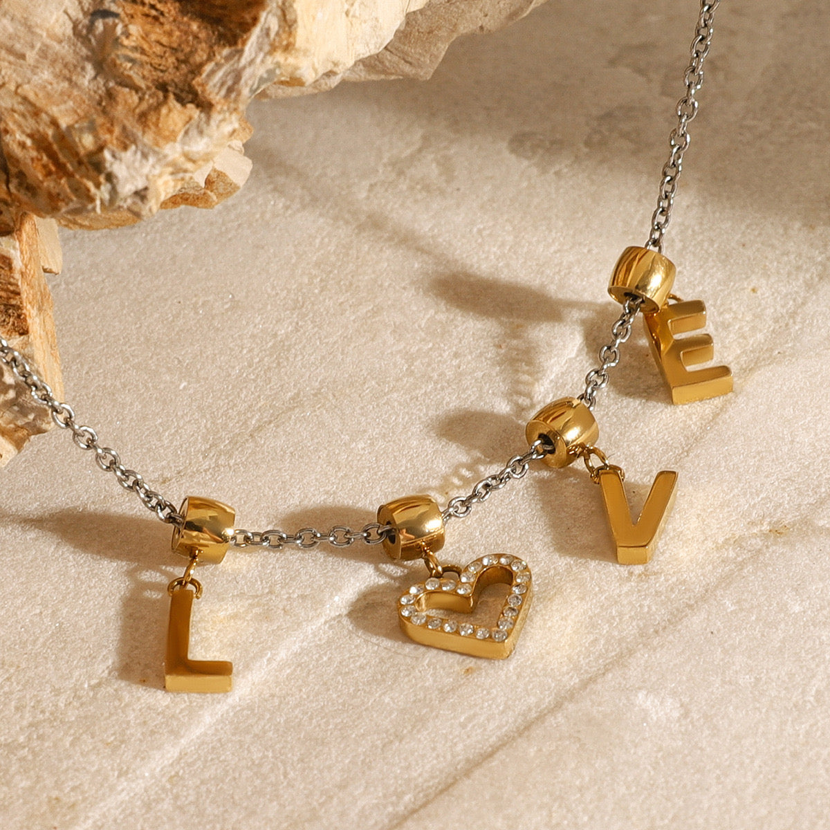 18K Gold Two Tone LOVE Pendant Heart Bracelet