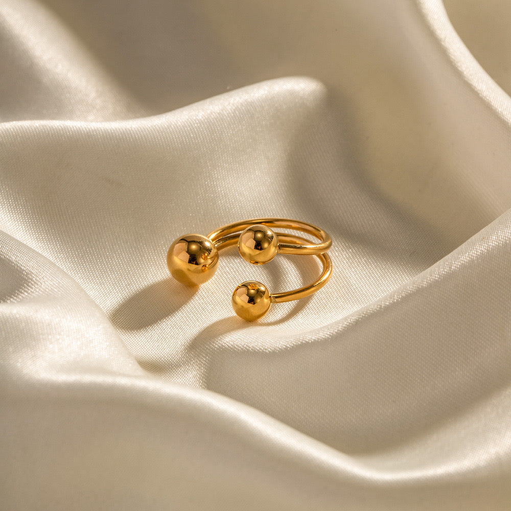 18K Gold Three Beads Cuff Ring
