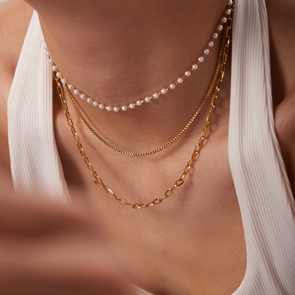 18K Gold Paperclip Box Chain Pearl Layered Necklace
