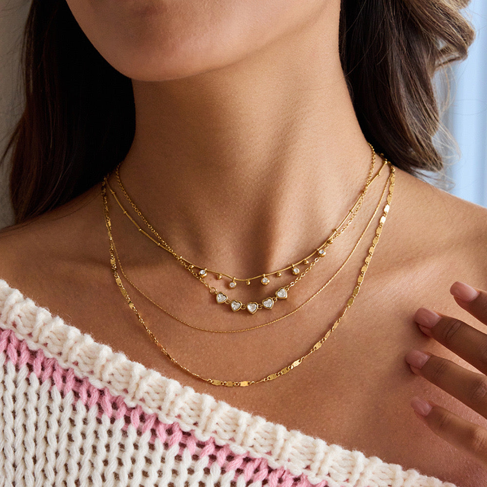 18K Gold Starry Hearts Double Chain Layered Necklace Set