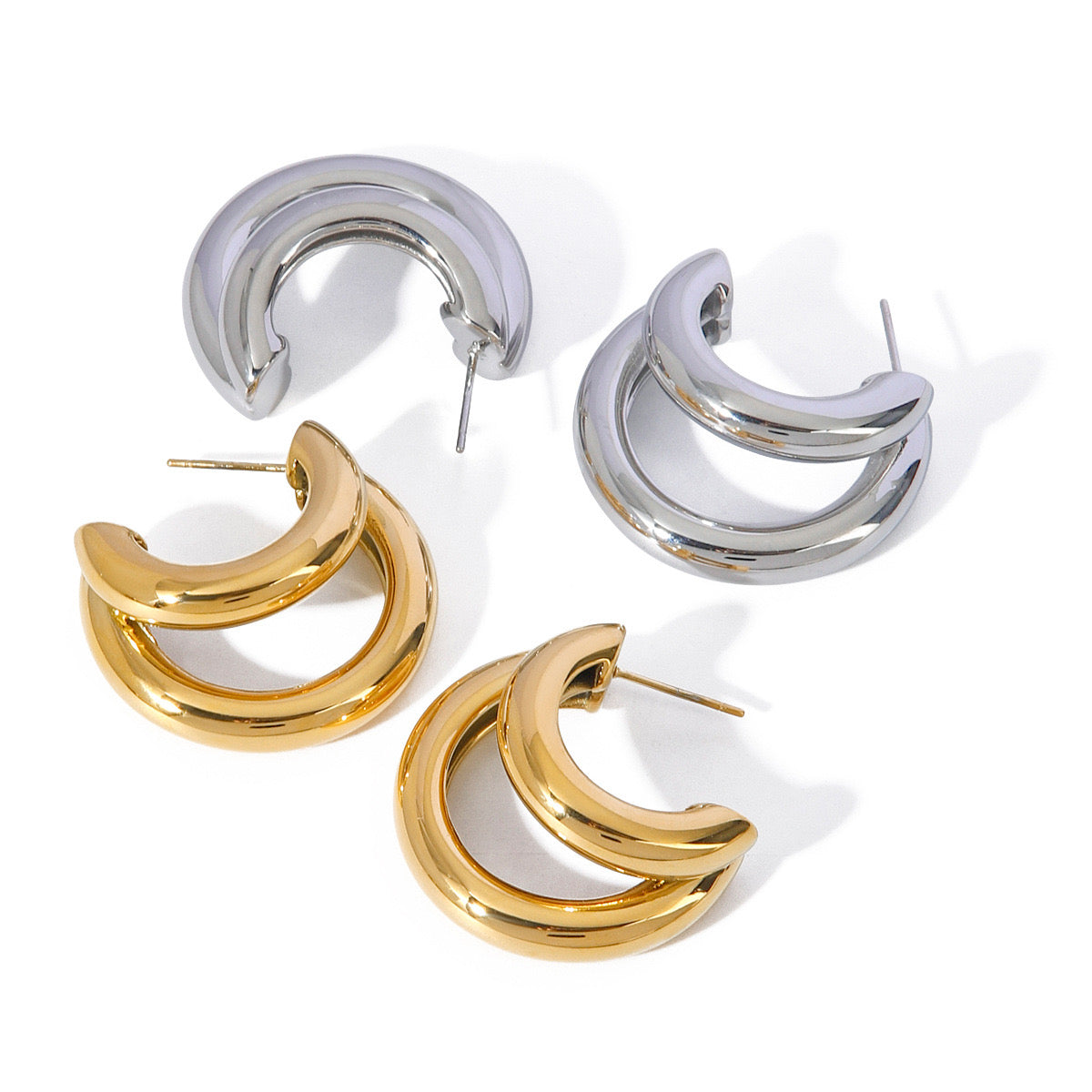 18K Gold Unique Double Hoop Huggie Earrings