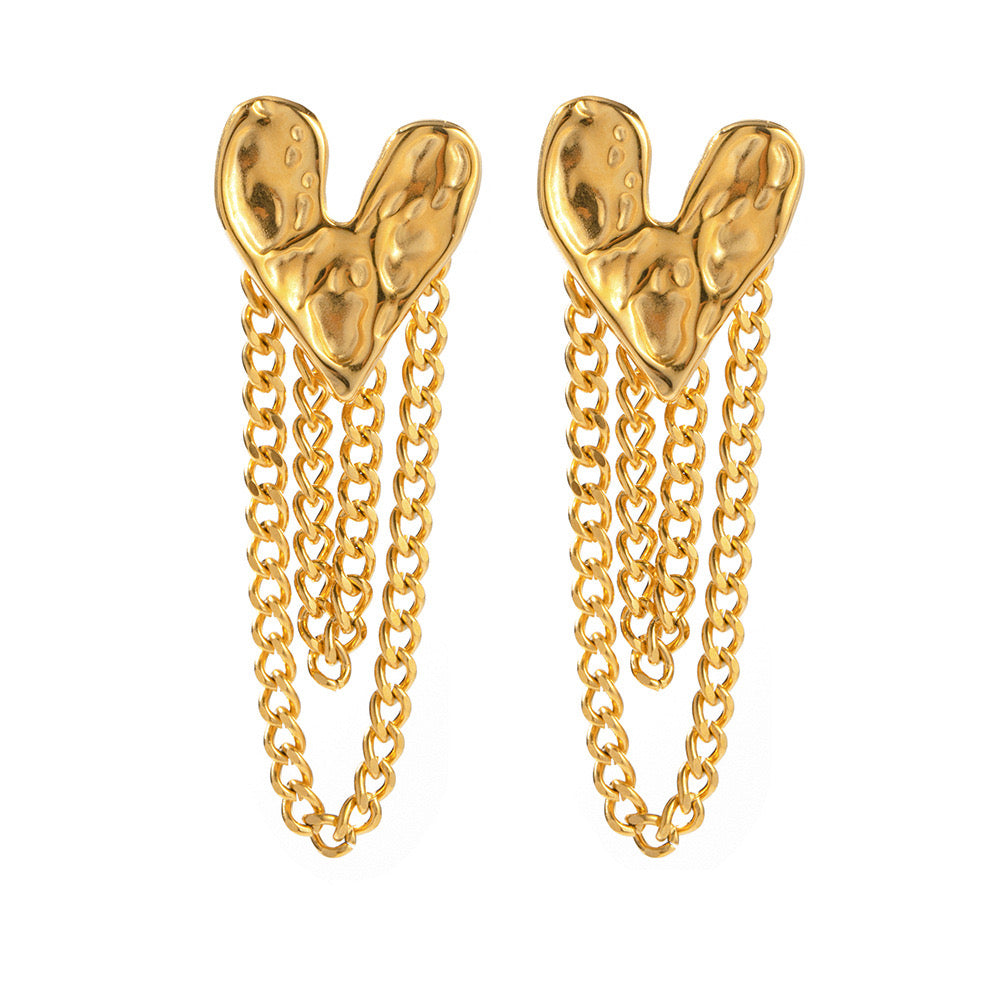 18K Gold Heart Chain Drop Dangle Earrings