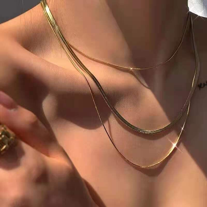 18K Gold Herringbone Snake Chain Layered Necklace