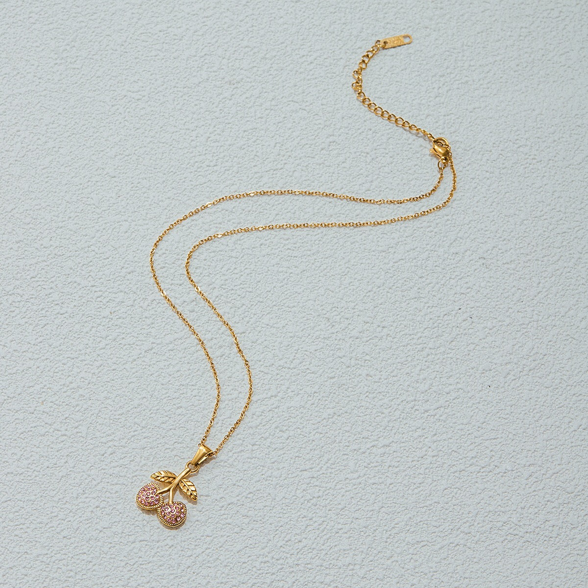18K Gold Pink Cherry Pendant Herringbone Chain Layered Necklace Set