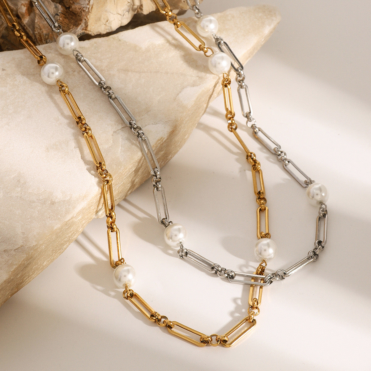 18K Gold Paperclip Chain Pearl Chain Extra Long Necklace