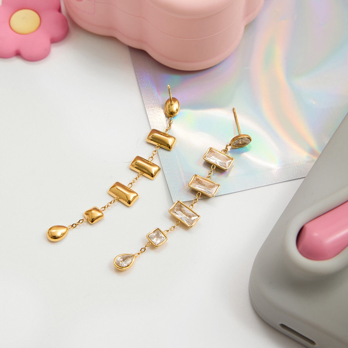 18K Gold Allure CZ Long Drop Dangle Earrings
