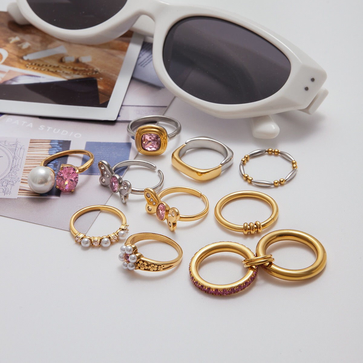 18K Gold Pink Princess Statement Stacking Rings