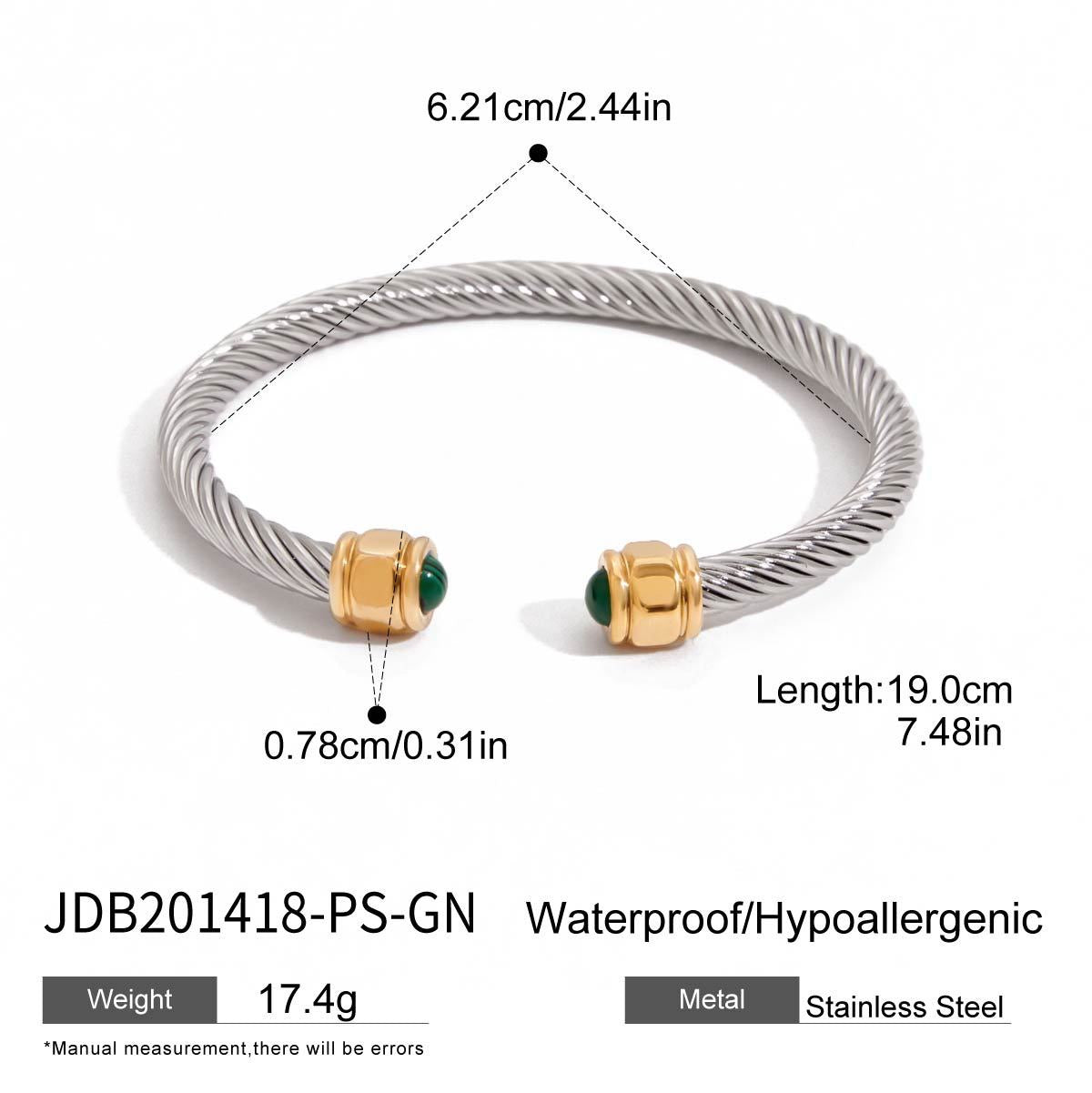 18K Gold Natural Stone Twisted Ribbed Cuff Bangle Bracelet