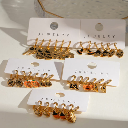 18K Gold Halloween Pumpkin Skull Small Hoop Huggie Earrings with Charm