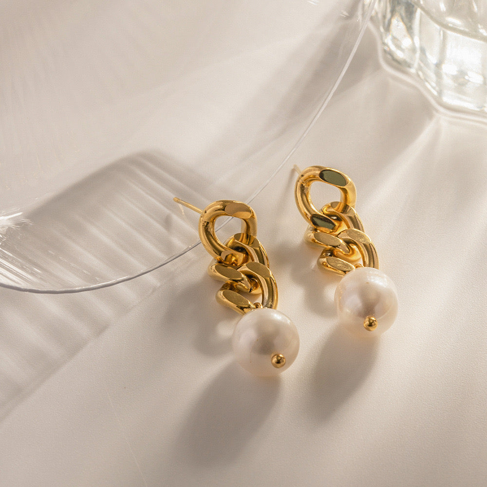 18K Gold Cuban Link Pearl Stud Dangle Earrings