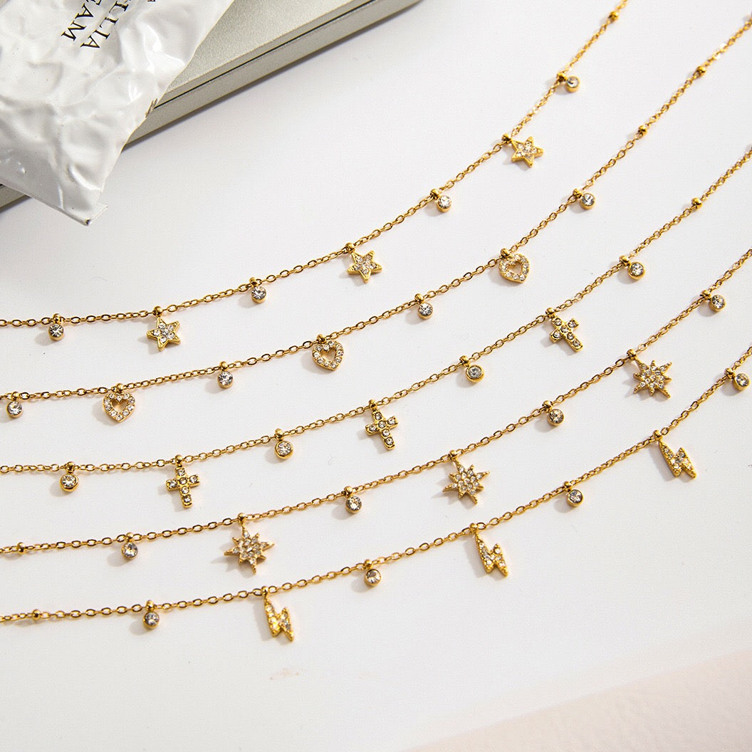 18K Gold Tempting Shimmer Heart Star Dainty Chain Necklace