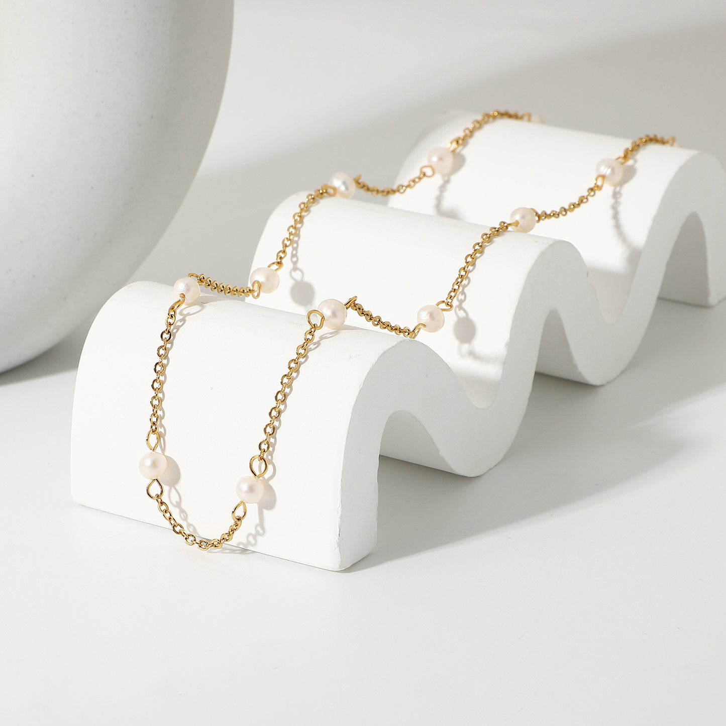 18K Gold Elegant Dainty Pearl Chain Choker Necklace
