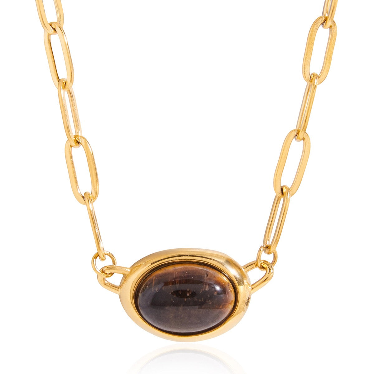 18K Gold Tiger Eye Paperclip Chain Herringbone Choker Layered Necklace Set