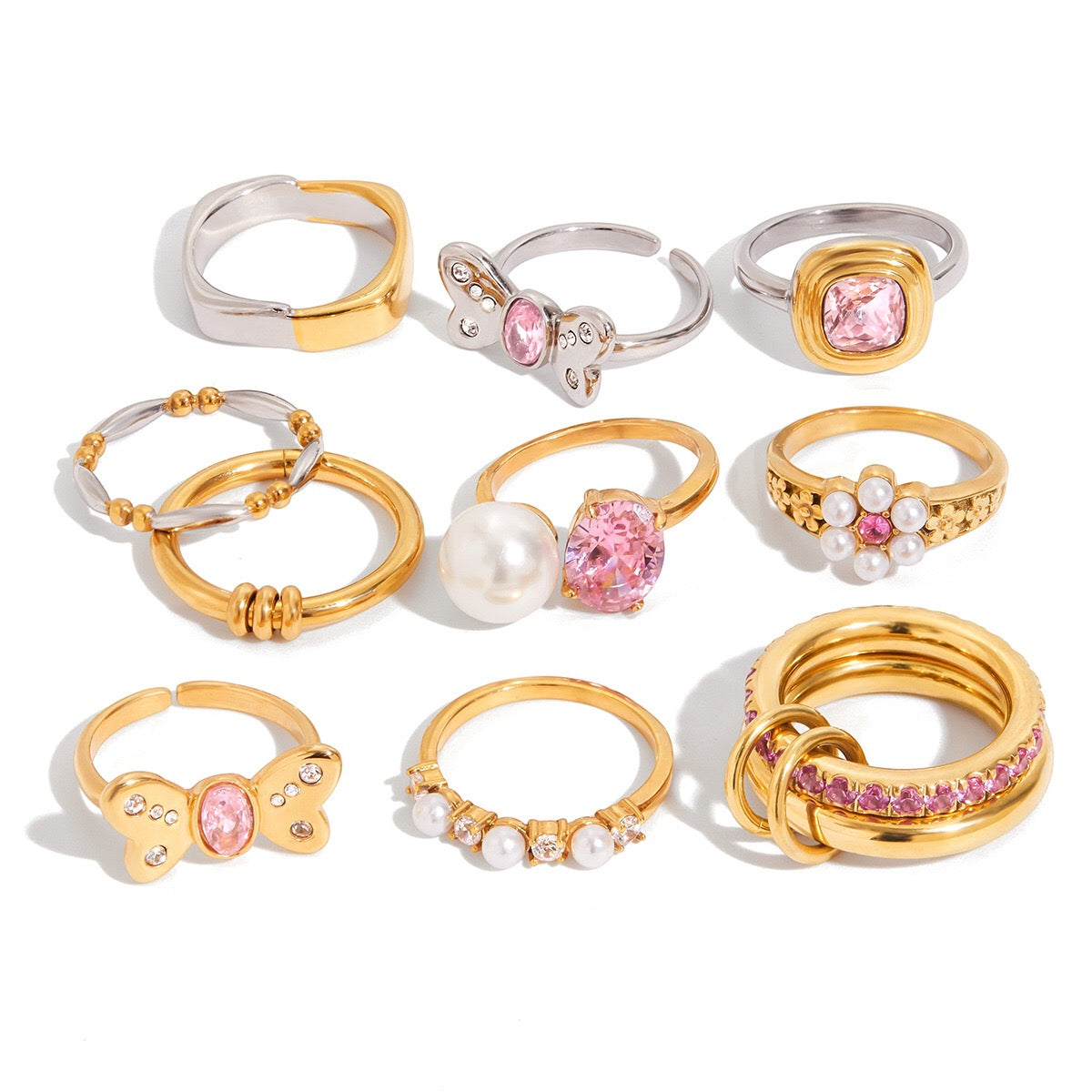 18K Gold Pink Princess Statement Stacking Rings