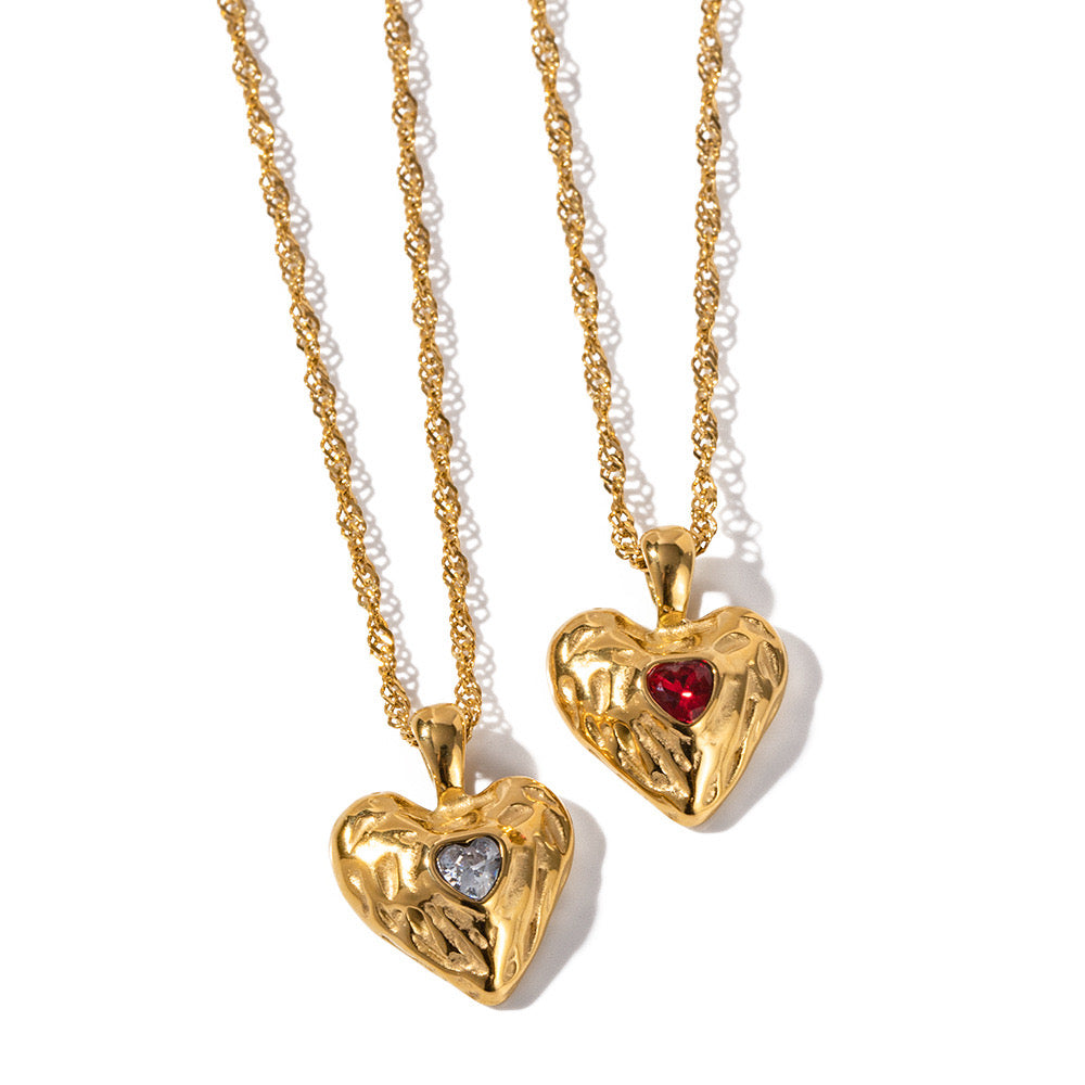 18K Gold Bejeweled Heart Pendant Statement Necklace