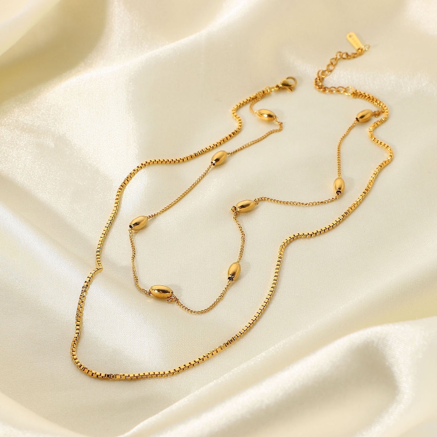 18K Gold Box Chain Beaded Layered Necklace Set