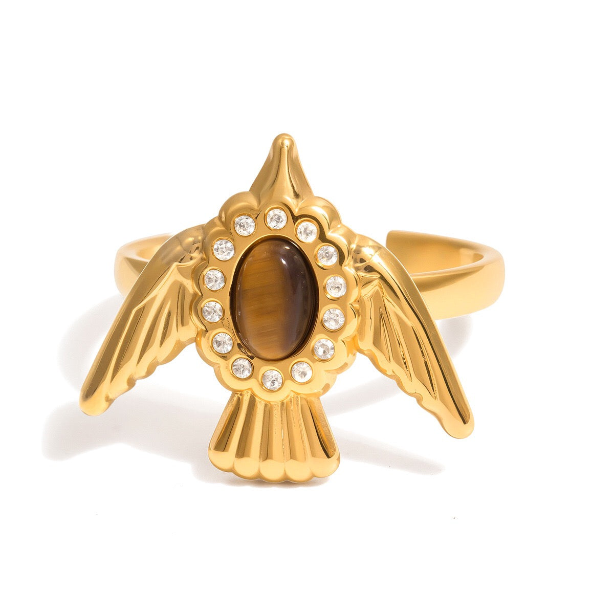 18K Gold Free Spirit Tiger Eye Bird Ring