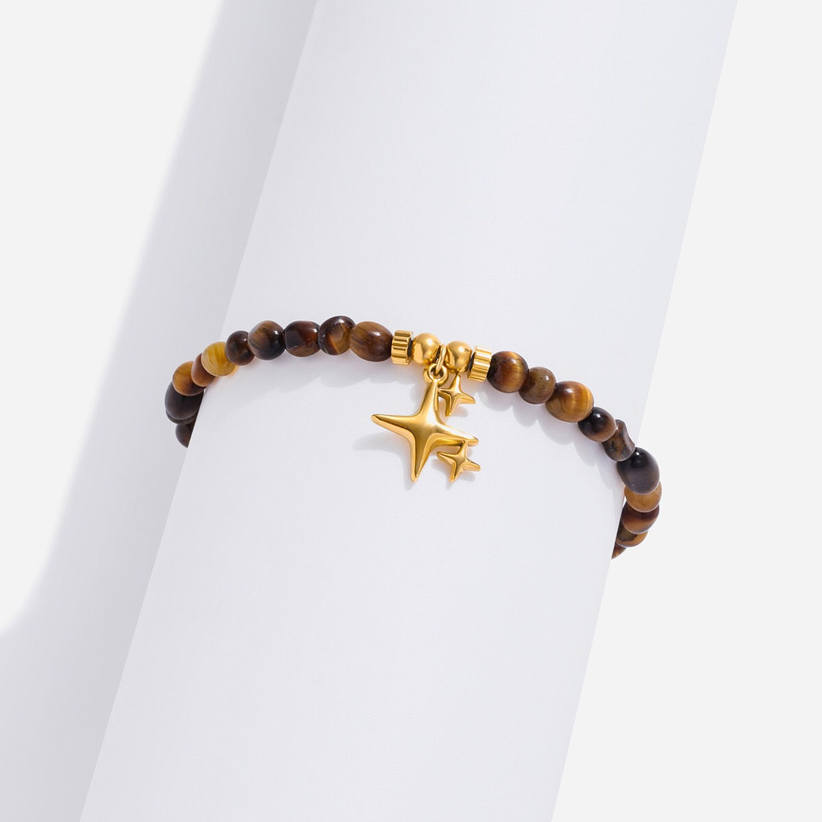 18K Gold Tiger Eye Starry Charm Beaded Bracelet Stack