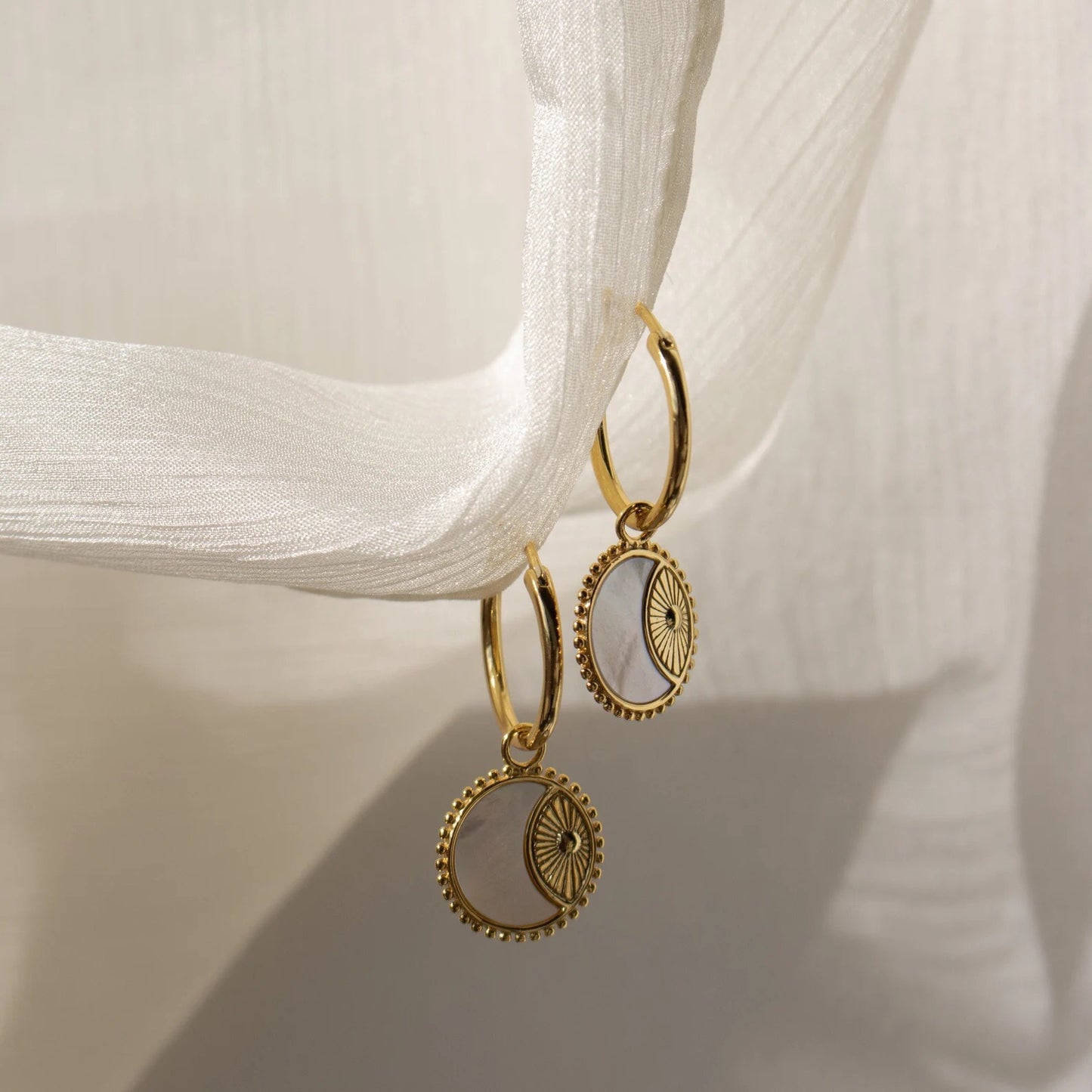 18K Gold Sun Coin Small Hoop Huggie Earrings with Charm