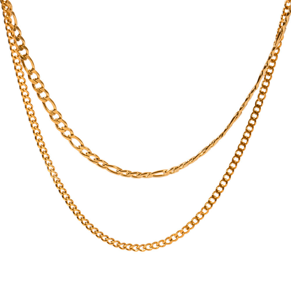 18K Gold Figaro Chain Double Layered Necklace