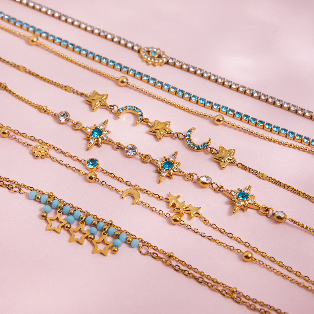 18K Gold Blue Winter Wonderland Moon and Stars Tennis Bracelet Stack