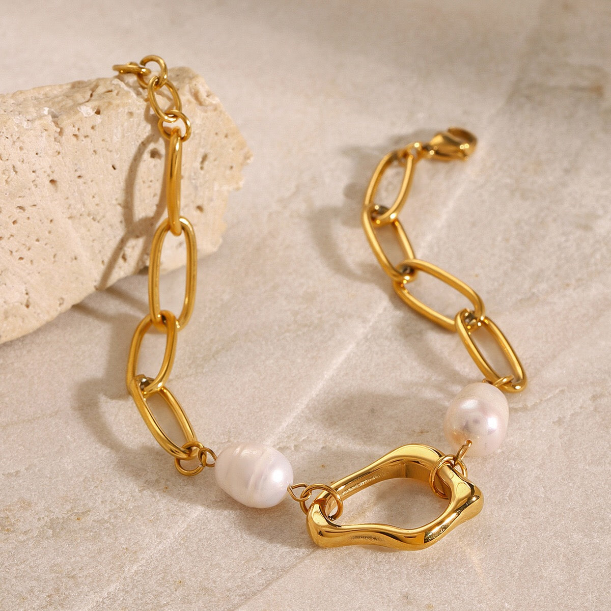 18K Gold Paperclip Chain Pearl Beads Bracelet