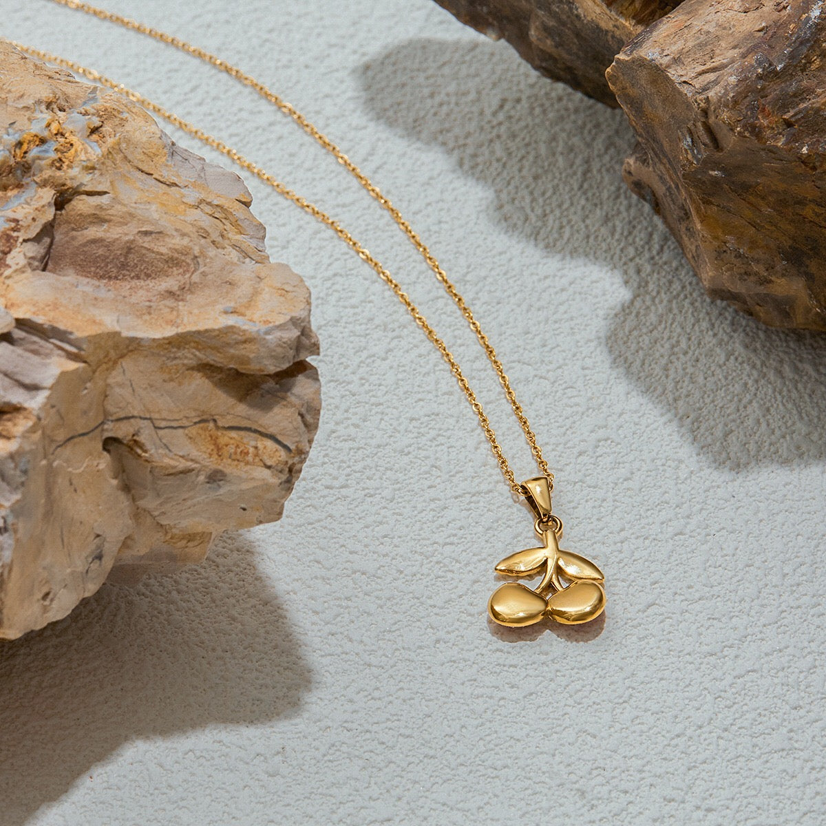 18K Gold Pink Cherry Pendant Herringbone Chain Layered Necklace Set