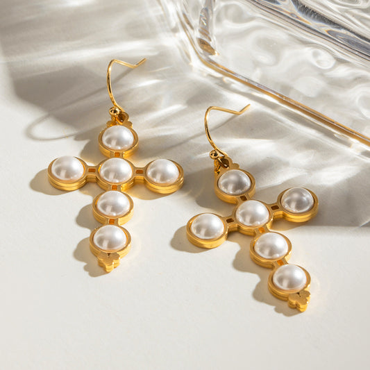 18K Gold Pearl Cross Dangle Earrings