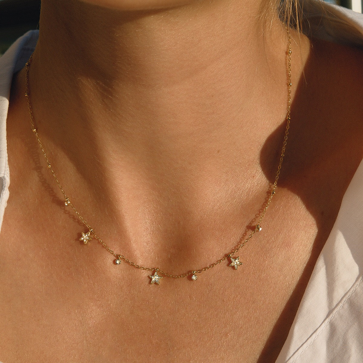 18K Gold Tempting Shimmer Heart Star Dainty Chain Necklace