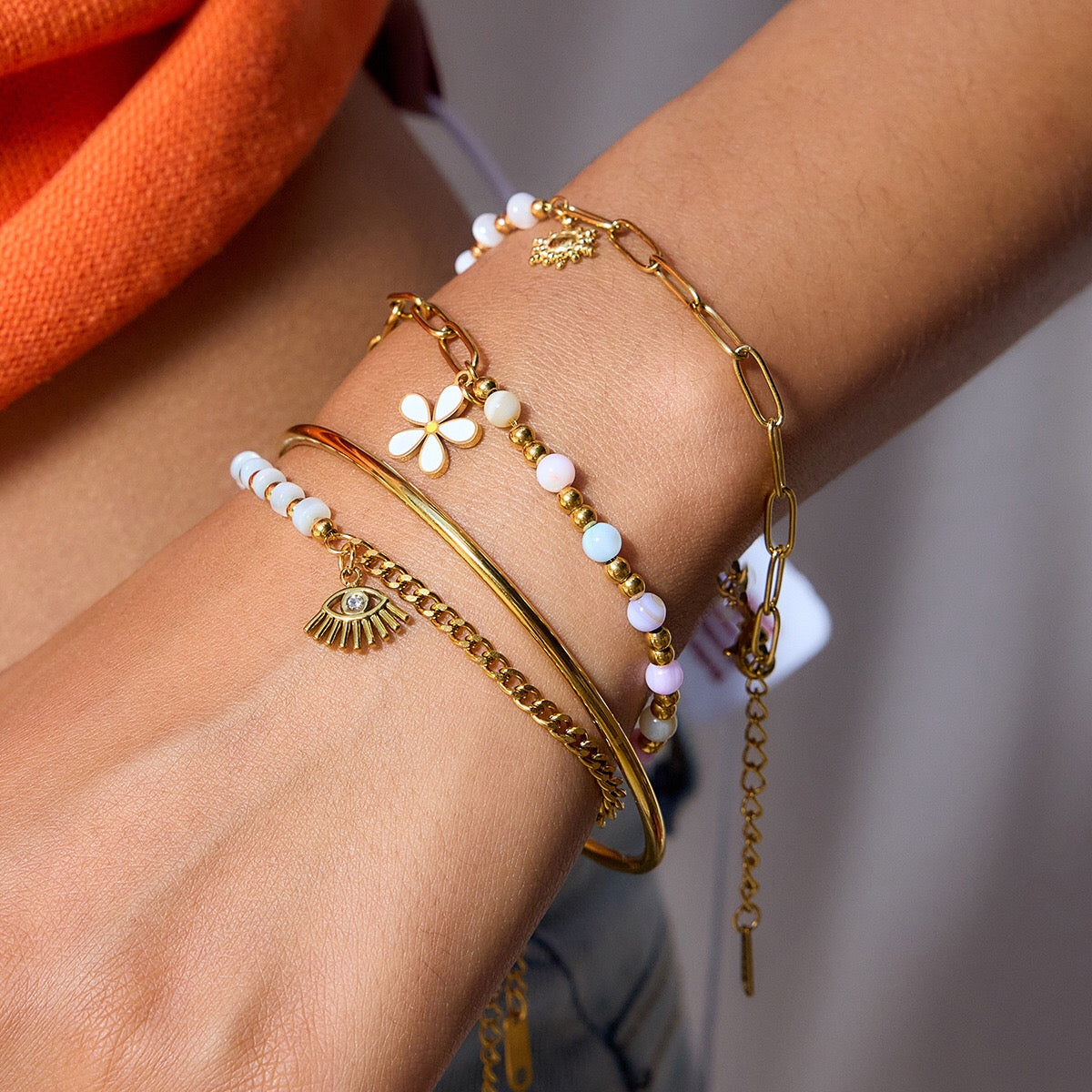 18K Gold Pastel Blue Flower Beaded Chain Bangle Bracelet Stack